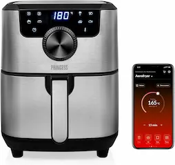 Princess 182037 Freidora sin aceite inteligente, Control con el móvil con app, Panel de control Digital táctil, 8 programas, función para mantener el calor, 4.5 L, 30 Recetas PDF, Gris Y Negro