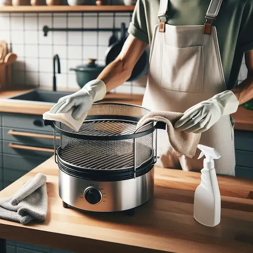 Persona limpiando una freidora de aire en una cocina luminosa y ordenada, utilizando un paño de microfibra y productos de limpieza naturales, con la freidora parcialmente desmontada en la encimera
